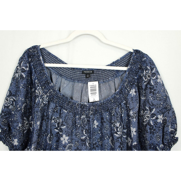 Torrid Mini Chambray Dress Women 2X Puff Short Sleeves Smocked Neck Blue Floral - Picture 6 of 12
